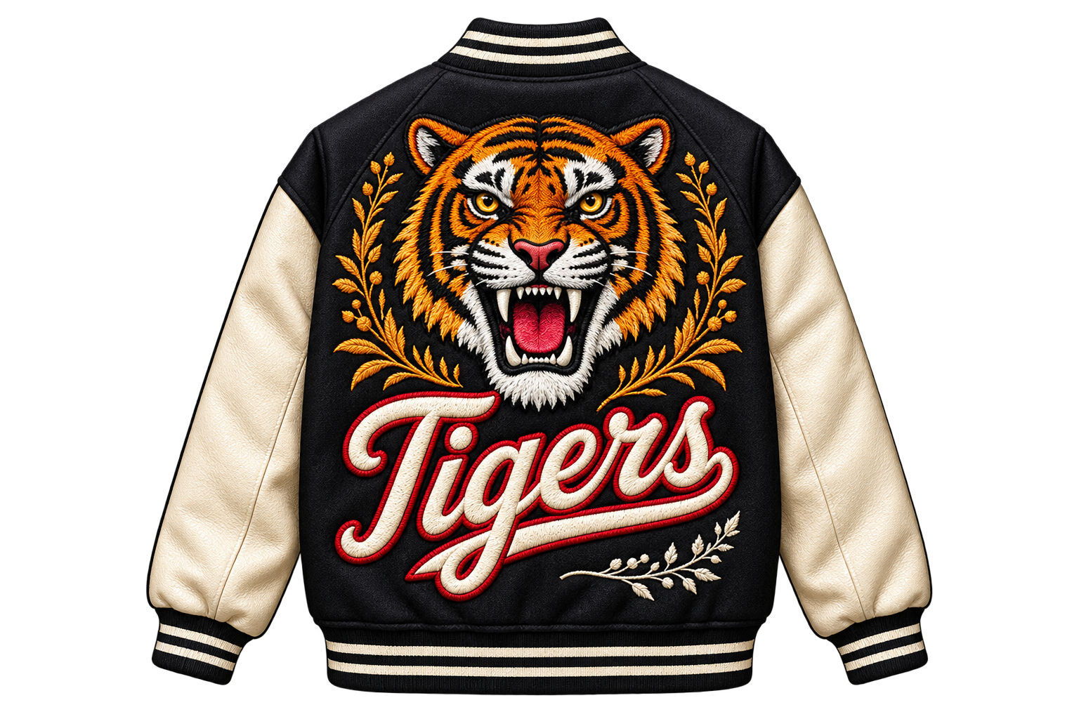 Tiger embroidery on a varsity jacket