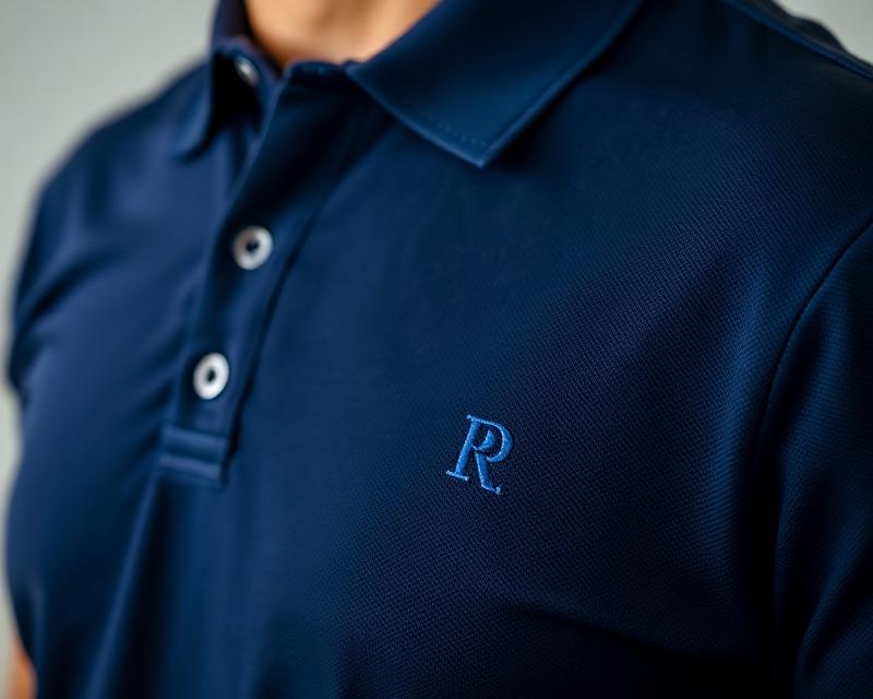 Embroidered left-chest logo stitched on a navy polo shirt